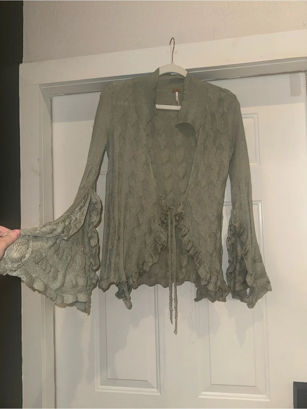 Free People Sage Green Ruffled Tie-Front Knit Cardigan